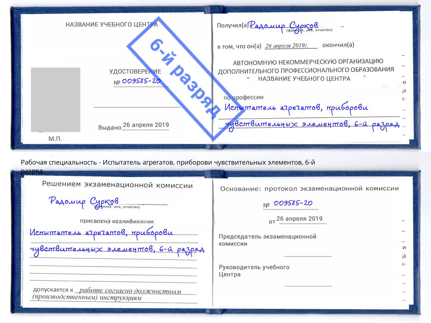 корочка 6-й разряд Испытатель агрегатов, приборови чувствительных элементов Маркс