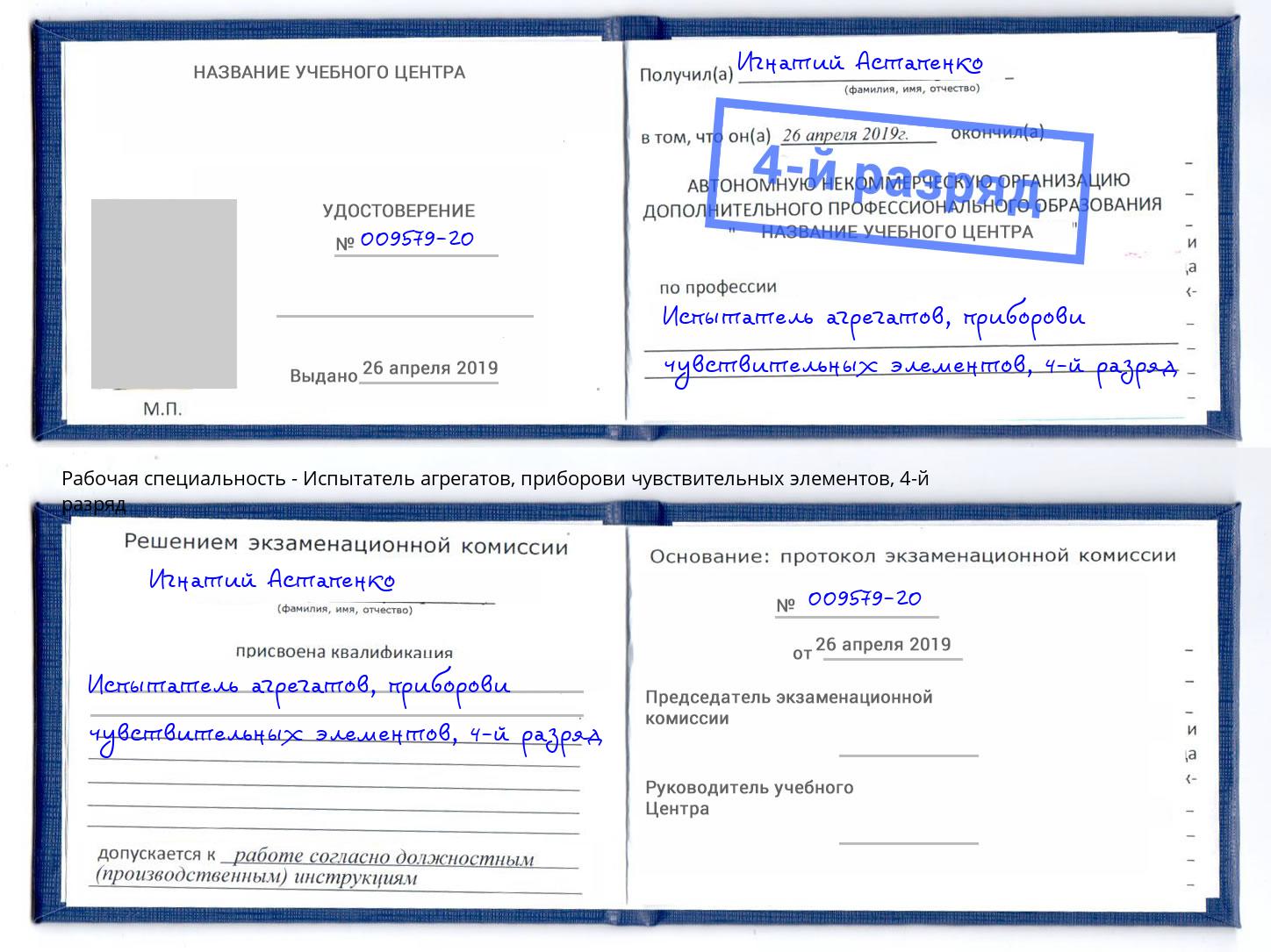 корочка 4-й разряд Испытатель агрегатов, приборови чувствительных элементов Маркс