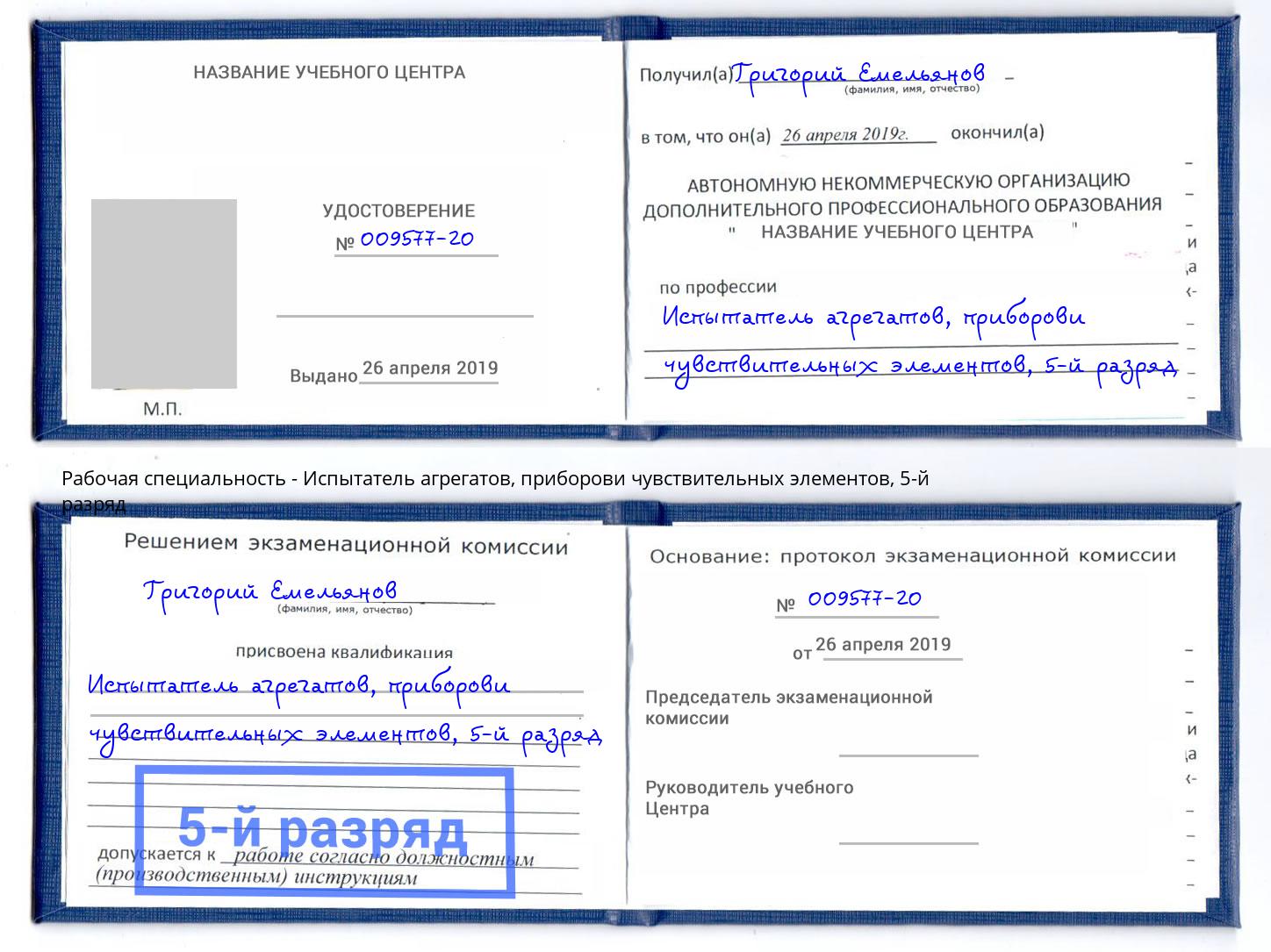 корочка 5-й разряд Испытатель агрегатов, приборови чувствительных элементов Маркс
