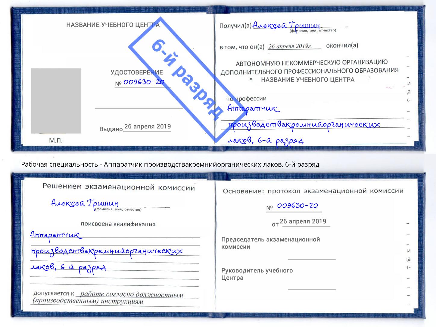 корочка 6-й разряд Аппаратчик производствакремнийорганических лаков Маркс