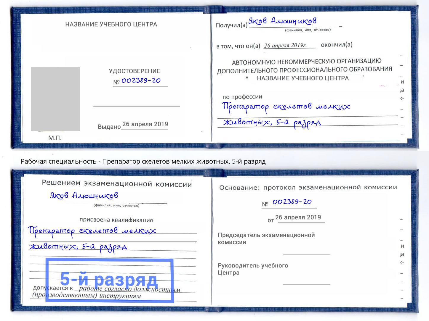 корочка 5-й разряд Препаратор скелетов мелких животных Маркс