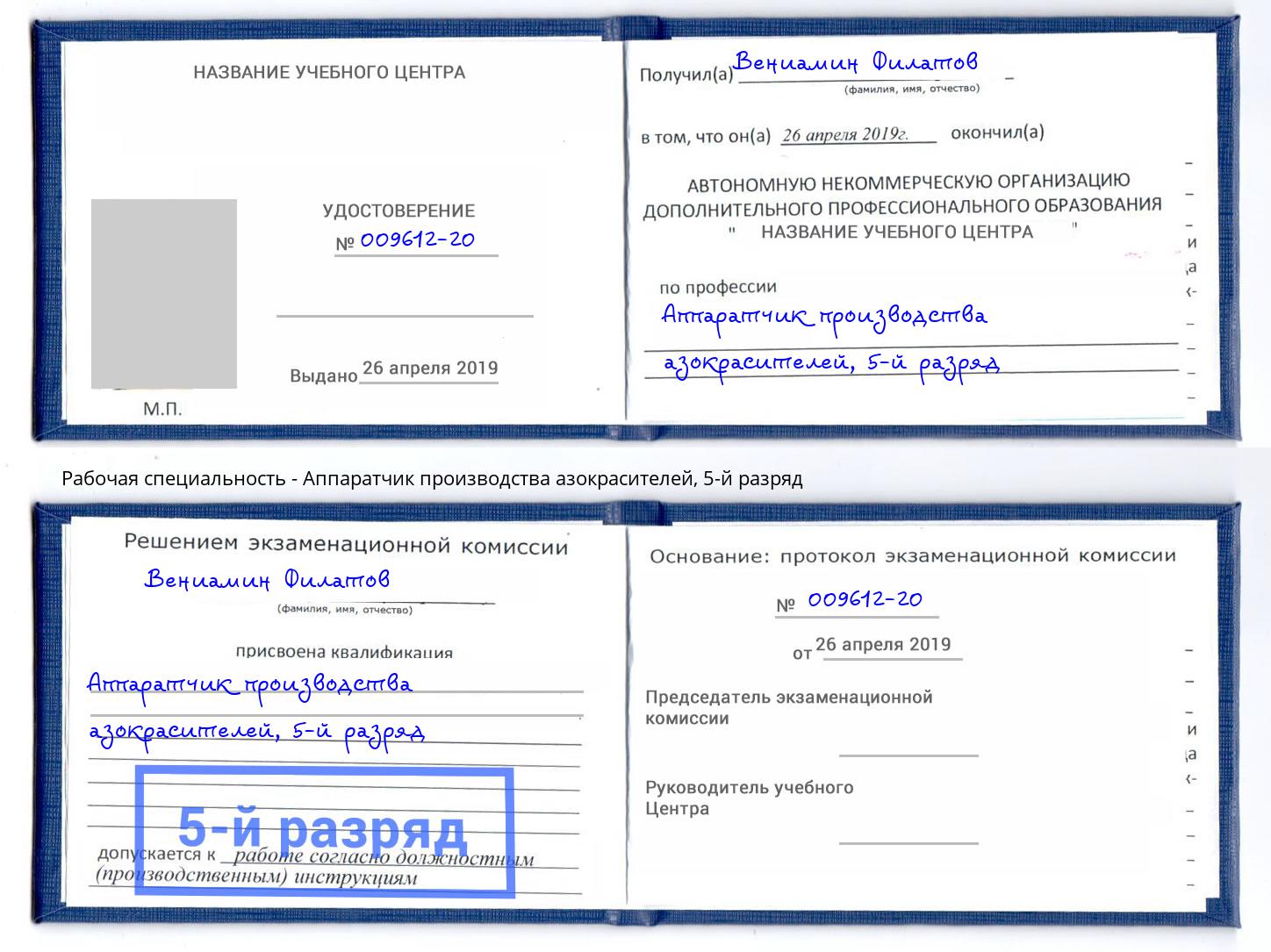корочка 5-й разряд Аппаратчик производства азокрасителей Маркс