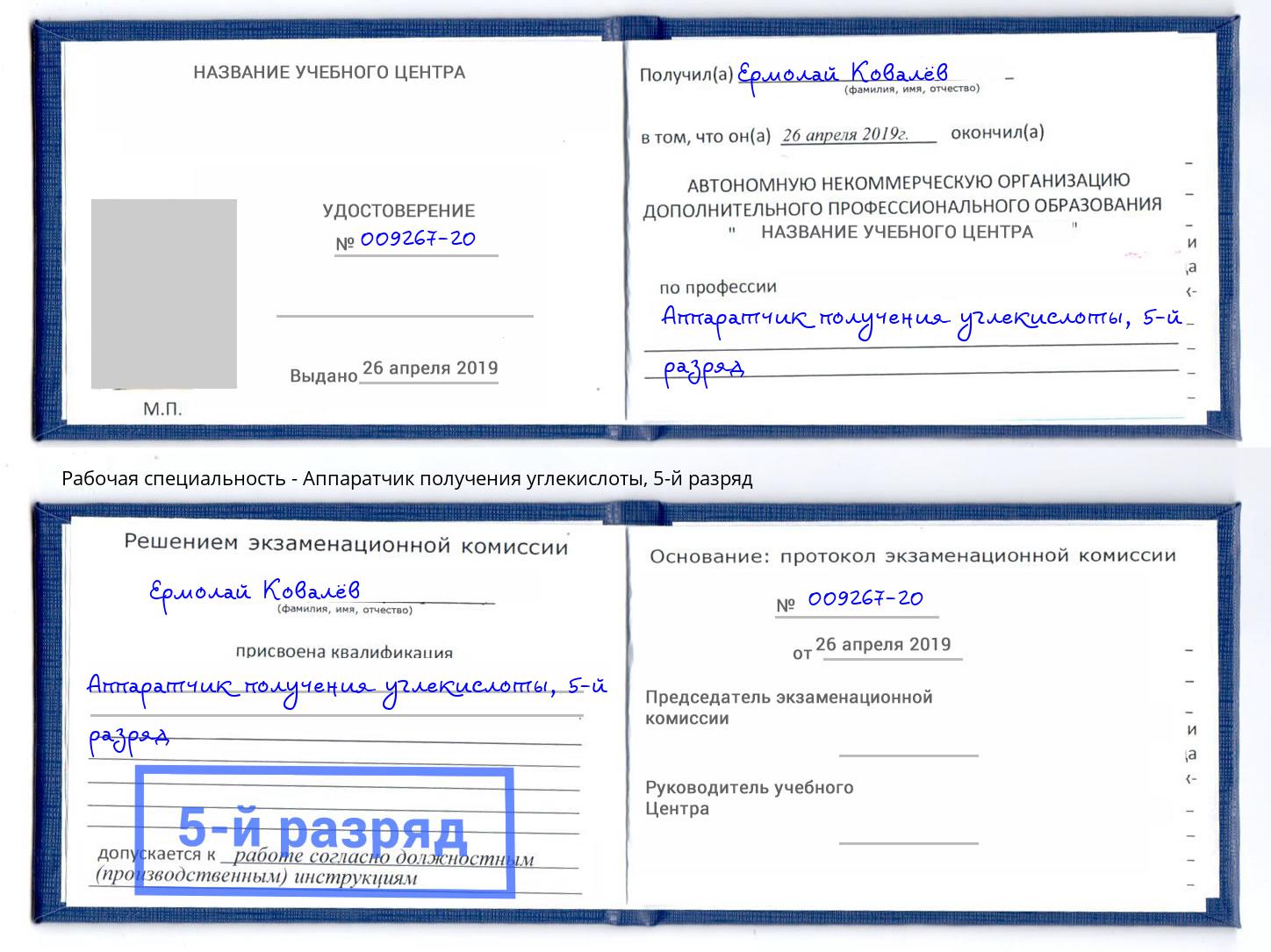корочка 5-й разряд Аппаратчик получения углекислоты Маркс
