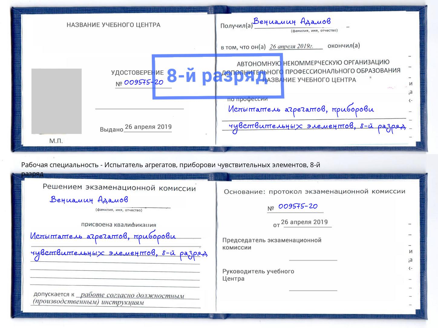 корочка 8-й разряд Испытатель агрегатов, приборови чувствительных элементов Маркс